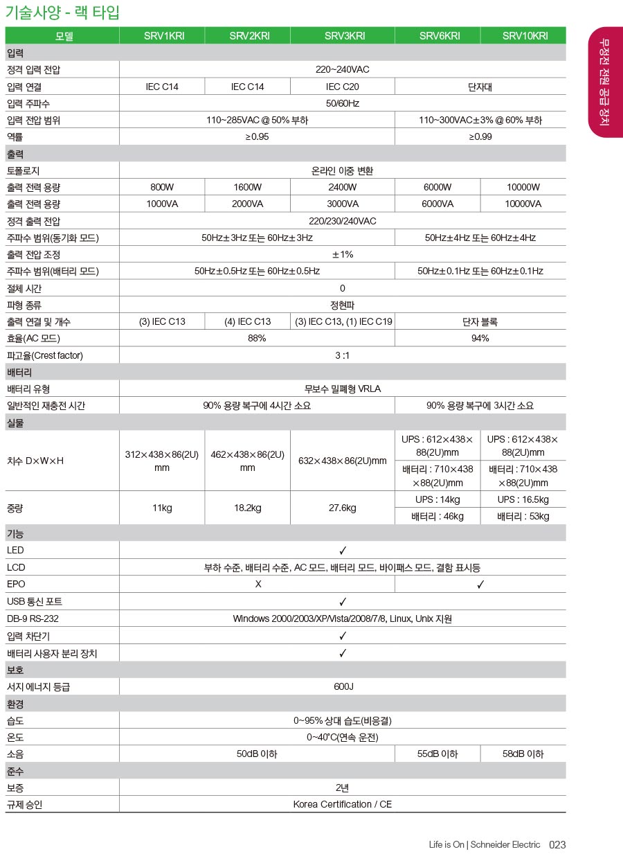 APC Easy UPS SRV 1000VA 230V 랙장착형, srv1kri > 무정전 전원장치 | 파인인프라